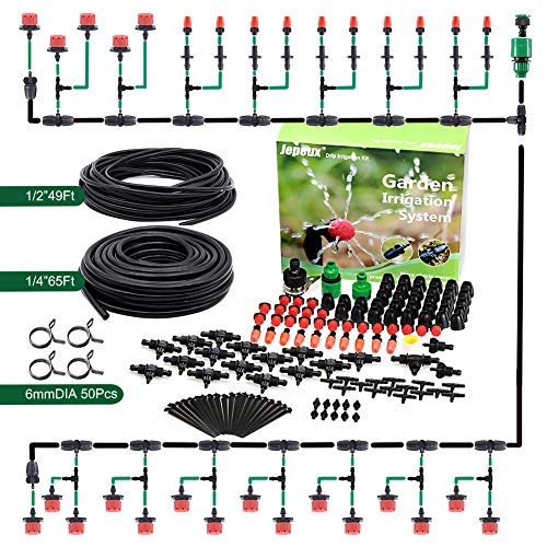 Jepeux Drip Irrigation Kit with Stainless Steel Clamp and Thick Tube Garden Irrigation Systems Firmer Connector and More Stable Water Pressure for Garden Greenhouse Lawn Hanging Baskets