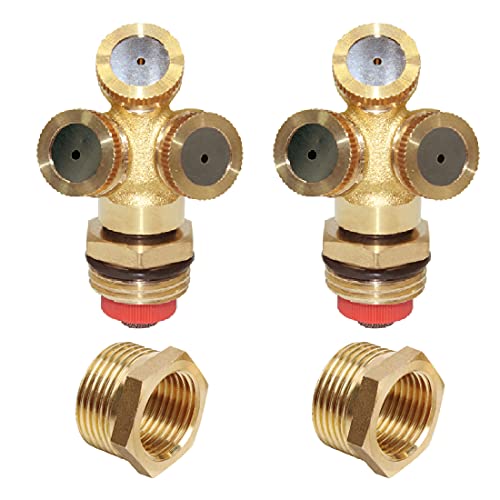 beduan Sprinkler Mister Head 34 GHT Brass 3 Holes Garden Hose Sprinkles Irrigation Connect Fitting with Adapter and Filter Mesh (Pack of 2)