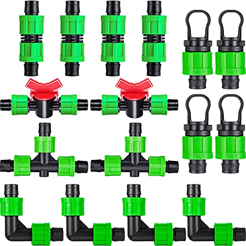 Outus Drip Irrigation Fitting Kit Barbed Connector Include 4 Coupling 4 Tubing End Cap Plug 4 Elbow 2 ShutOff Valve 2 Tee 12 Inch Universal Drip Irrigation Fitting for 1617 mm Tubing (Green)