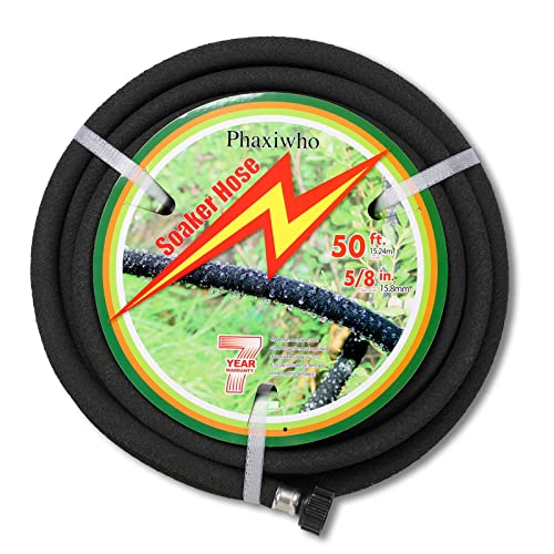 Phaxiwho Garden Soaker Hose 50ft 58 inch Leakage Tube Heavy Duty Drip Hoses Irrigation System with Push on Fittings For Gardens Flower Beds Vegetable Landscaping (58x50ft)