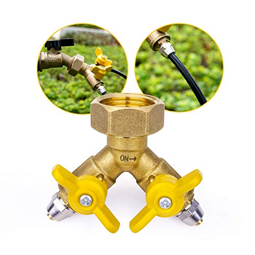 homenote 34 to 14 Garden Hose Splitter Connector 2 Way Y Drip Tubing Irrigation Adapter for 14 Tubing Solid Brass Valve Adapter Converts 34 Female Hose Thread Bib to 14 Tubing