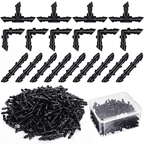 Zonon 240 Pieces Drip Irrigation Fittings Kit for 14 Inch Tubing 80 Barbed Couplings 80 Tee Fittings 80 Elbows Barbed Connectors with Plastic Box for Garden Lawn Drip or Sprinkler Systems Black