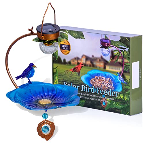 Bird and Garden Gifts2 in 1 Bird Bath and Solar Bird Feeder Six Lighting Effect Metal Solar Powered Bird Bath Hanging for Garden Yard Outside Decoration