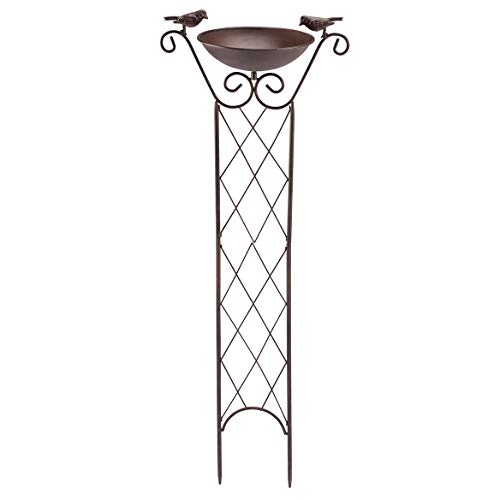 Fox Valley Traders Miles Kimball Weatherproof Metal Bronze Finish Bird Bath with Trellis 31 H x 12 W  Decorative Birds on Wrought Iron Trellis Climbing Flowers  Vines Bowl 75 Diameter