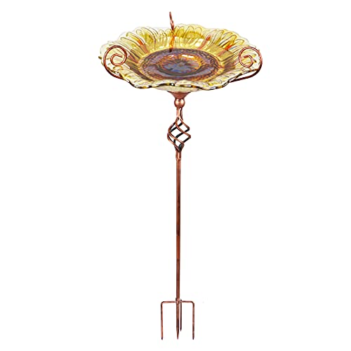 Glass Bird Bath Outdoor Birdbaths Garden Birdfeeder with Metal Stake Yellow(Height31inch)