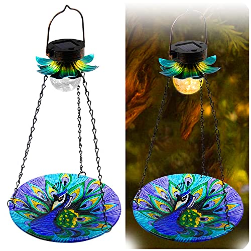 MAGGIFT Solar Powered Bird Bath for Outside Hanging Wild Bird Feeder Peacock Shape Glass Seed Tray Outdoor Waterproof Birdfeeders Solar Garden Light Metal Flower Decorative LED Landscape Lighting