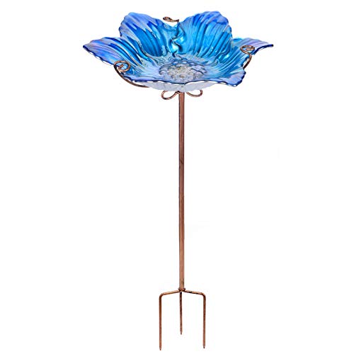 MUMTOP Bird Baths for Outdoors Glass Bird Bath Bowl Bird Feeder Blue Flower Pattern with Metal Stake for Garden Yard and Lawn Decor