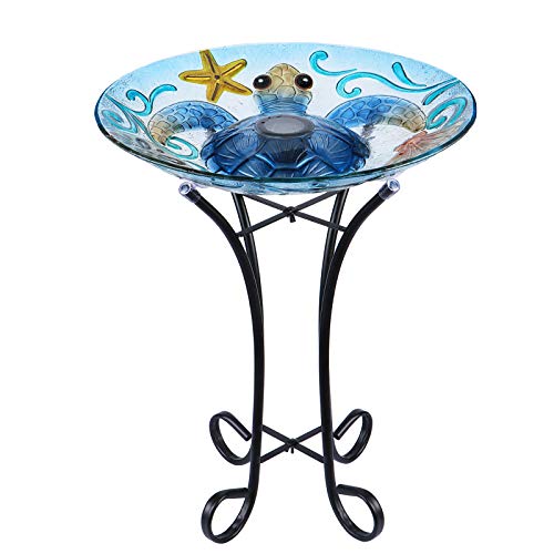 MUMTOP Glass Bird Bath Bird Baths for Outdoors Solar Bird Feeder with Metal Stand for Garden Yard Lawn Decor sea Turtle Pattern(Blue 215X18)