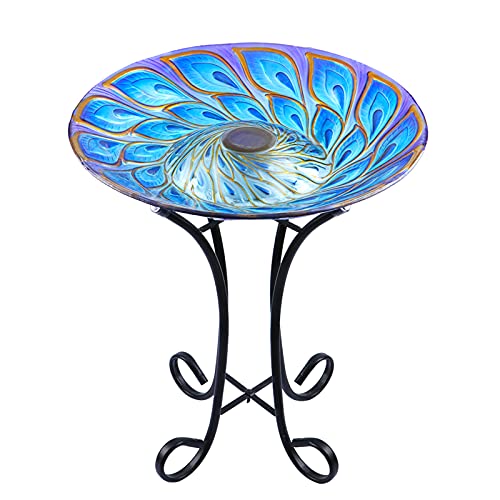 MUMTOP Outdoor Glass Bird Bath Solar Birdbaths with Metal Stand for Lawn Yard Garden Peacock Decor18 Dia 2165 Height