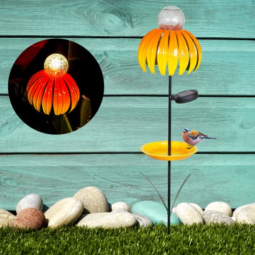 Solar Metal Flower Stake Bird Feeder and Metal Bird Bath with Stake A Cone Flower Feeder Solar Bird Feeder for Outside and Bird Bath with Solar Light