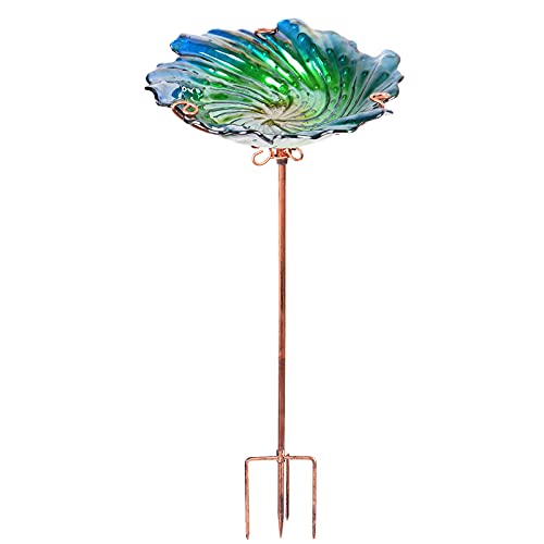 VCUTEKA Glass Bird Bath Outdoor Birdbaths Garden Yard Bird Feeder with Metal Stake Green