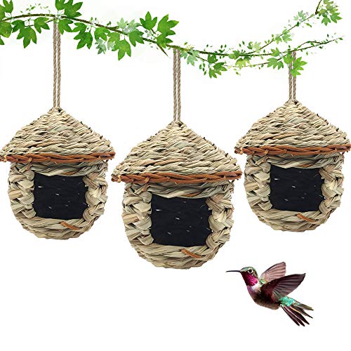 Eeaivnm 3 Pack Hummingbird House Hand Woven Bird Nest for Outdoors Hanging Small Grass Bird Houses for Outside Natural Fiber Bird Hut Roosting Pocket for Finch Canary Chickadee