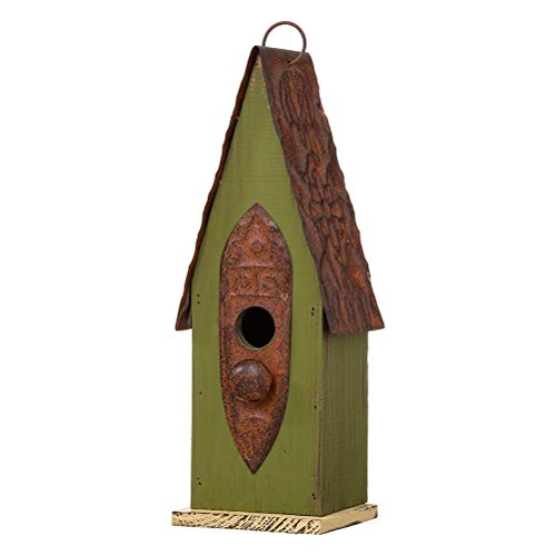 Glitzhome Distressed Green Solid Wood Birdhouse Hand Painted Hanging Bird House for Outdoors 1325 H