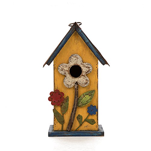 glitzhome 102 H Hanging Bird House for Outdoor Patio Garden Decorative Birdhouse Pet Cottage Distressed Wooden Birdhouse Yellow Flower