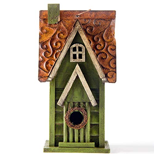 glitzhome 1193 H Hanging Distressed Wooden Garden Bird House Green