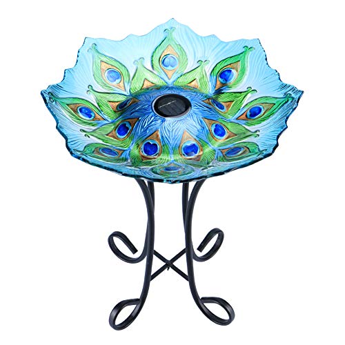 MUMTOP Outdoor Glass Birdbath Solar Birdbaths with Metal Stand for Lawn Yard Garden Peacock Decor18 Dia2165 Height