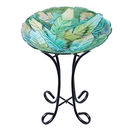 MUMTOP Outdoor Glass Birdbath with Metal Stand for Lawn Yard Garden Leaf Decor18 Dia 2165 Height