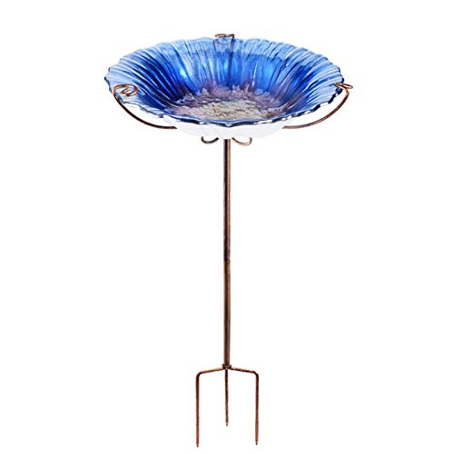 VCUTEKA Bird Bath Outdoor Glass Birdbath Garden Bird Feeder with Metal Stake (Blue Bird Bath)