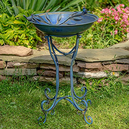 Zaer Ltd Deep Well Made Metal Birdbath with 2 Cast Iron Birds and Leaf Decoration (Frosted Blue)