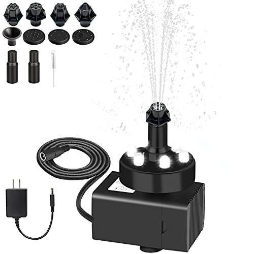 Bird Bath Fountains 24Hours Working Pump for Birdbath Garden Pond Fish Tank Outdoor SZMP Adjustable Quiet Water Pumpwith 6 White LED Lights 7 Nozzles 164Ft Power Cord (Adapter Included)