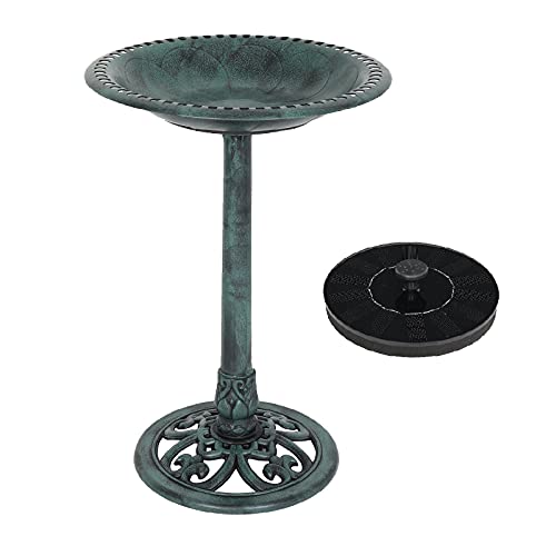 VINGLI 28 Inch Pedestal Bird Bath Solar Fountain Birdbaths with Steel Ground Anchors Weather Resistant Resin Antique Green Garden Decor for Outdoor Lightweight Courtyard