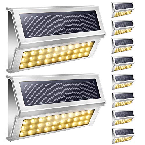 JACKYLED 30 LED Solar Deck Step Lights Outdoor 10 Pack Outdoor Stainless Steel Solar Stair Lights with 1600mAh Larger Battery Capacity Waterproof Fence Garden Lighting for Dock Patio Wall Porch