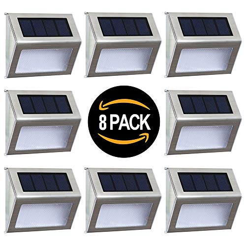 Solar Deck Lights Outdoor Solar Step Lights 6 LED Solar Stair Lights Stainless Steel Outdoor Solar Wall Lights Weatherproof Outdoor Auto OnOff Lighting for Steps Stairs Decks Fences 8 Pack