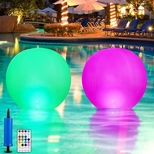 XIILSIE Floating Pool Lights 2 Pack 14 Solar LED Pool Lights Inflatable Glow Ball Waterproof with Remote and Inflator Float or Hang Ball Lamp Color Changing for Outdoor Garden Swimming Pool Beach