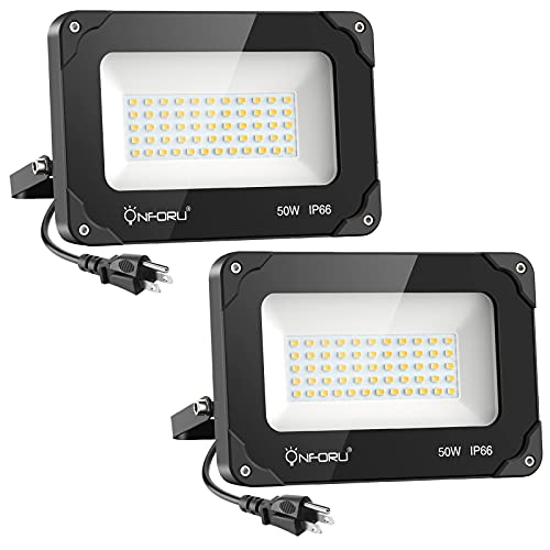 Onforu 2 Pack 50W LED Flood Light Outdoor 5000lm LED Work Light IP66 Waterproof Plug in Floodlight Fixture 5000K Daylight White Super Bright Security Light for Yard Garden Basketball Court