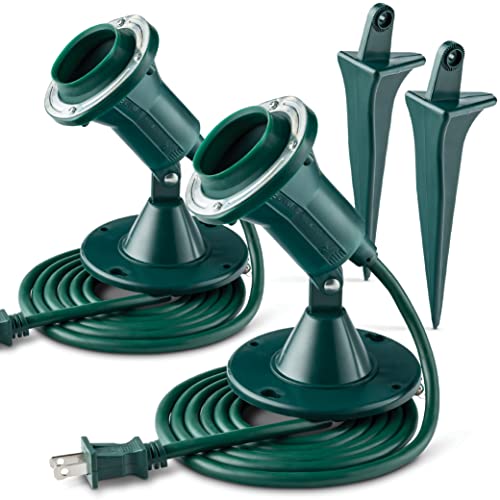 Outdoor Flood Light Holder Set of 2 Floodlight Fixture With Stake  Wall Mount Base  Durable Weather ResistantHeavy Duty  ETL Listed 6Ft Cord Green Landscape Lamp Use With 120 Volt PAR38 Bulb