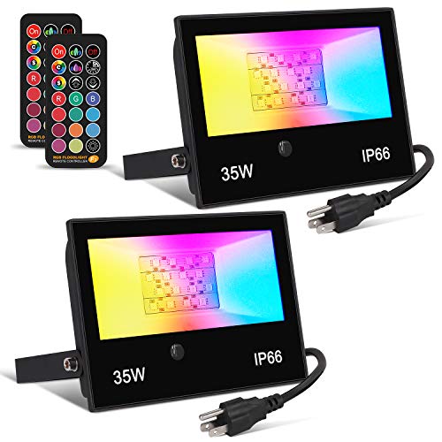LED Flood Light RGB Color Changing Lights Outdoor Floodlights 35W Dimmable by Remote Control Timing Custom Modes IP66 Waterproof Landscape Lighting Garden LED Wall Wash Lights 2 Pack