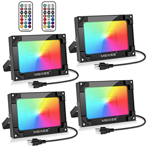 MEIKEE 4 Pack 25W RGB LED Flood Lights Outdoor Indoor LED Color Changing Floodlight with Remote Control IP66 Waterproof Dimmable Wall Washer Light Party Stage Lights Garden Landscape Lighting