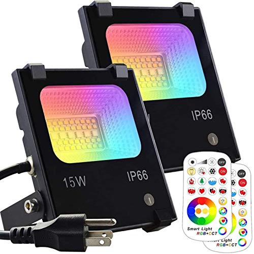 MELPO 15W Led Flood Light Outdoor 100W Equivalent Color Changing RGB Lights with Remote 120 RGB Colors 2600K5700KWarm White to Daylight TunableUplight Landscape LightsIP66 US 3Plug (2 Pack)