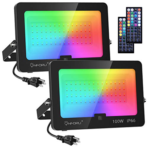 Onforu 2 Pack 100W RGB LED Flood Light Dimmable Color Changing Floodlight with 44 Keys Remote IP66 Waterproof Wall Washer Outdoor Uplighting with 20 Colors 6 Modes for GardenIndoor Party Stage