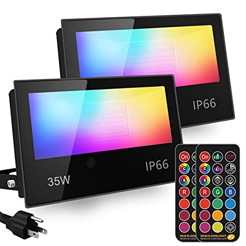 RGB Led Flood Light 35W Outdoor Color Changing DIY Customized Strobe Mode Stage Landscape LightingFloodlights 12 Colors  4 Modes Remote Control Included Timing IP66 Waterproof (2 Pack)