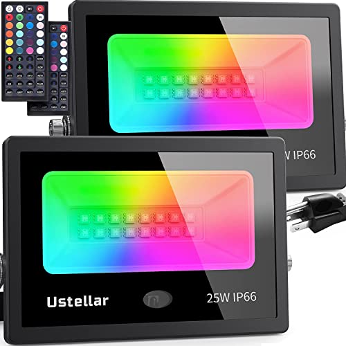 USTELLAR 2 Pack 25W RGB LED Flood Light Color Changing Floodlight Outdoor Halloween Decorations Indoor Uplighting Floor Lamp Uplight Christmas Spotlight Wall Washer Garden Landscape Party Stage Light