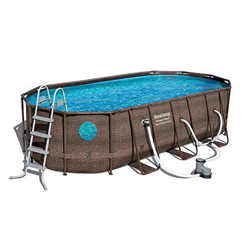 Bestway 56717E Power Steel Swim Vista 18 x 9 x 48 Outdoor Oval Above Ground Swimming Pool Set with 1500 GPH Filter Pump Pool Cover and Ladder