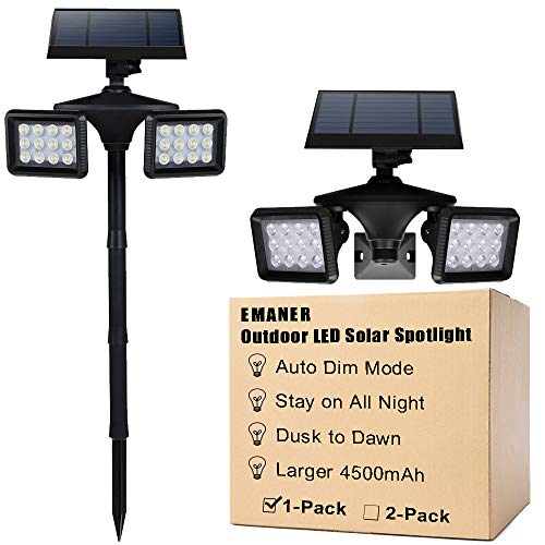 Dusk to Dawn Solar Flood  Security Lights with Motion Sensor 100W Equivalent Outdoor Wireless Landscape LED Spotlights 6500K Solar Powered 4500mAh Wall Mount or Stand in Ground 1Pack EMANER