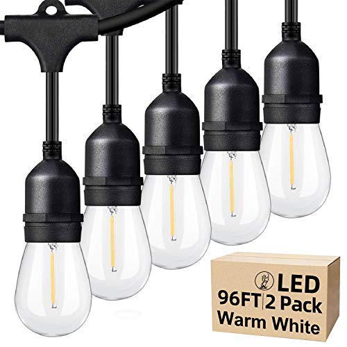 96FT(48×2) 2Pack LED Outdoor String Lights with Waterproof Shatterproof Dimmable 2700K Warm White Filament Bulb E26 15 Sockets Linkable Commercial Grade Hanging String Lights for Patio Deck Backyard