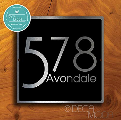 Deca Moda Custom Contemporary Modern Outdoor Address Plaque - Custom House Number Sign - Square - Black with Silver Numbers 10 x 10 inches 10 x 10 inches