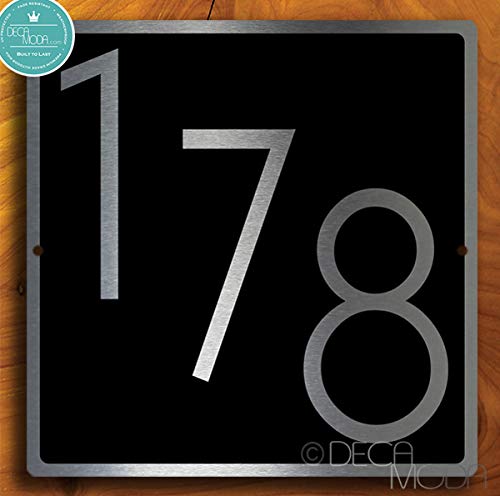 Deca Moda Personalized Modern Outdoor Address Plaque - Custom House Number Sign - Square - Black with Silver Numbers 8 x 8 inches