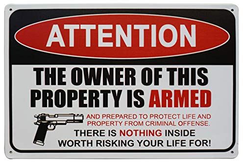 LASMINE Gun Sign The Owner of This Property is Armed Sign Warning Protected Security Metal Sign Indoor Outdoor Plaque Farm Fresh Yard Tin 8X12Inch
