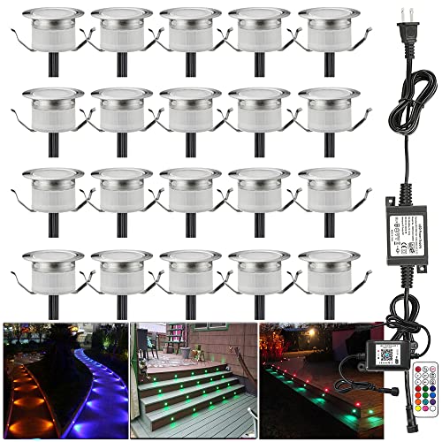 LED Deck Lights Kit 20pcs Φ122 WiFi Wireless Smart Phone Control Low Voltage Recessed RGB Deck Lamp Inground Lighting Waterproof Outdoor Yard Path Stair Landscape Decor Fit for AlexaGoogle Home