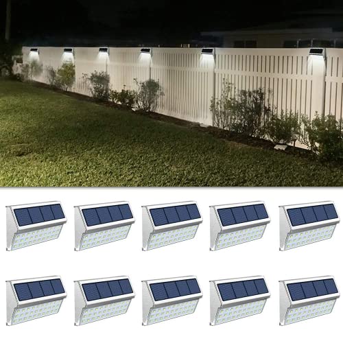 ROSHWEY Deck Lights Outdoor 10 Pack 30 LED Stainless Steel Fence Post Solar Lamps Waterproof Step Lighting for Walkway Stairs Cool White Light