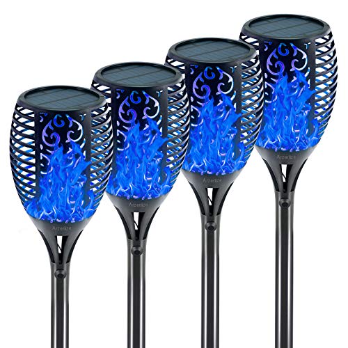 arzerlize Tiki TorchesSolar Flame Lights Outdoor LED Lamp Flickering Flame Dancing Waterproof Garden Landscape Yard Pool Lawn Driveway Path Decoration Outside Decorative Camping Ornaments Blue 4P