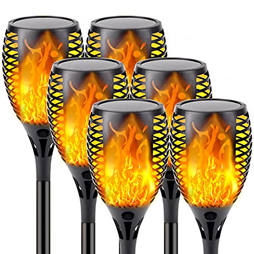 Upgraded 6Pack Super Larger Size Solar Flame TorchExtraBright Solar Lights Outdoor Decorative with Flickering Flame Solar Outdoor Lights for Halloween Decorations Party Pathway Garden