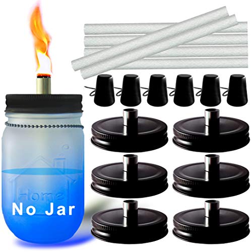 Aikeve Mason Jar Tabletop Torches Kits6 Pack Regular Mouth Lids with Protective TubeLong Life Fiberglass Wicks and CapsOutdoor Oil Lamp Lights for Patio Garden Camping Decor(Black)