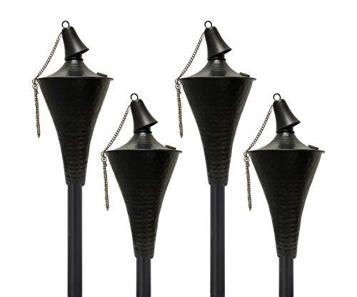 Legends Direct Set of 4 Oahu Premium Metal Outdoor Torches for Patio Lawn and Garden  Tiki Style Metal Torchw Snuffer Fiberglass Wick  Large 16oz Oil Lamp  53 Tall (Hammered Black)