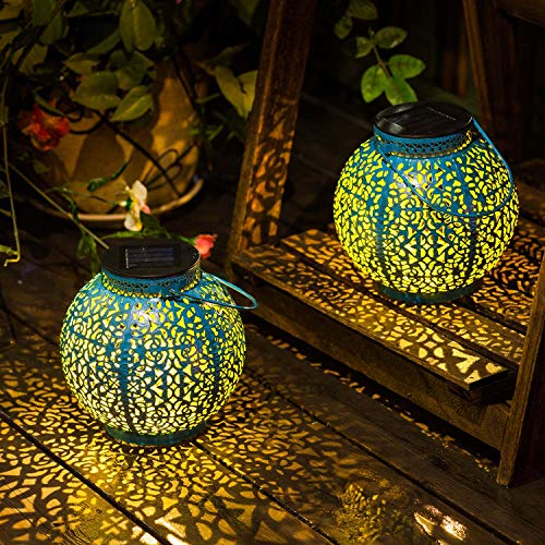 Set of 2 TAKE ME Solar Lantern Lights OutdoorGarden Hanging Lights Metal Retro Lights Lamp for PatioOutside or Table (Blue)