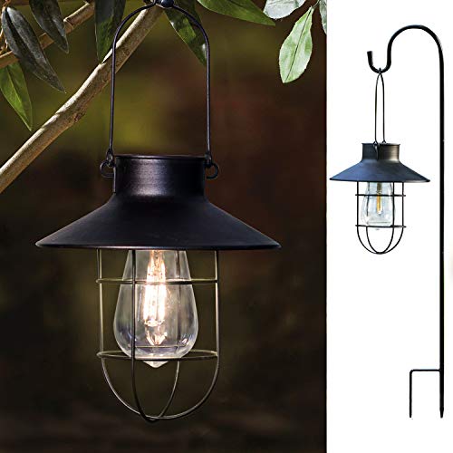 2 Pack EKQ Hanging Solar Lights Lantern Lamp with Shepherd Hook Metal Waterproof Edison Bulb Lights for Garden Outdoor Pathway (Black)